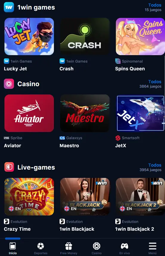 Juegos de casino en la aplicación 1Win