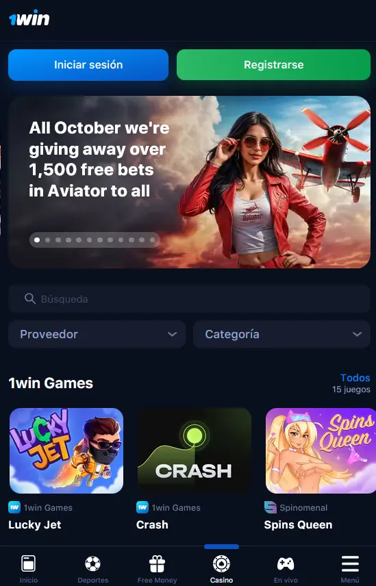 Juegos de casino en la aplicación 1Win