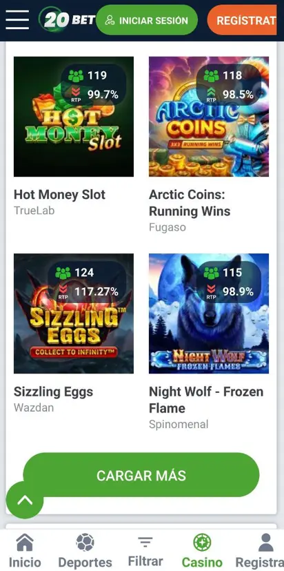 Juegos de casino en la aplicación 20bet