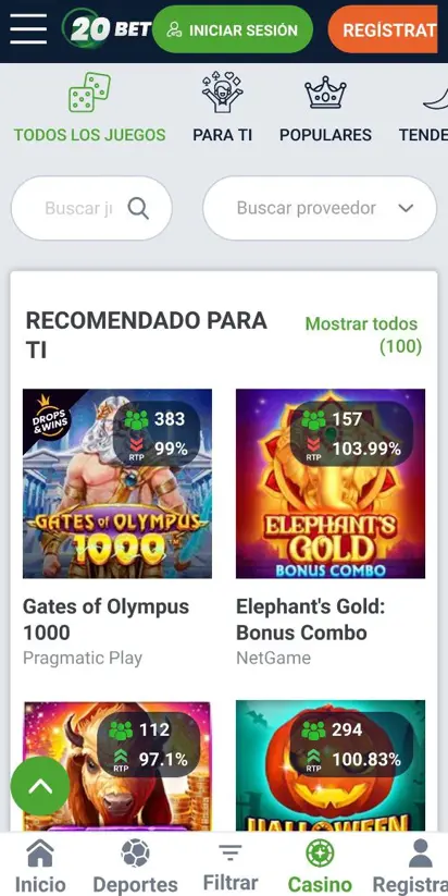 Juegos de casino en la aplicación 20bet