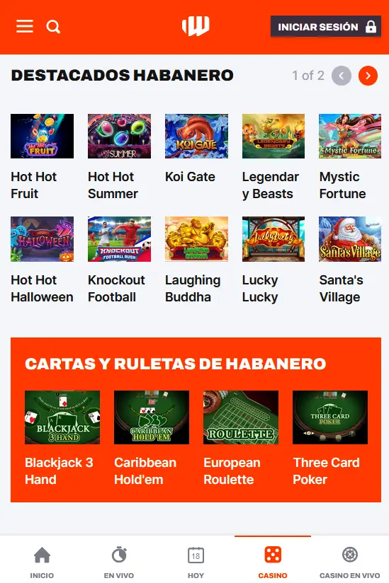 Juegos de casino en la aplicación Betwarrior