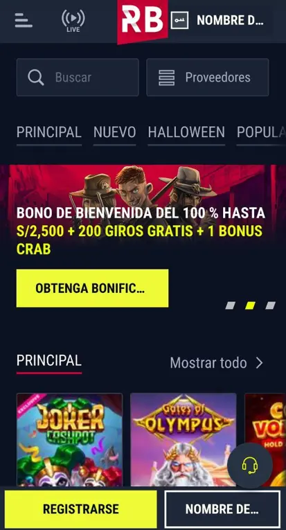 Juegos de casino en la aplicación Rabona