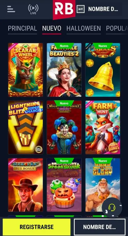 Juegos de casino en la aplicación Rabona