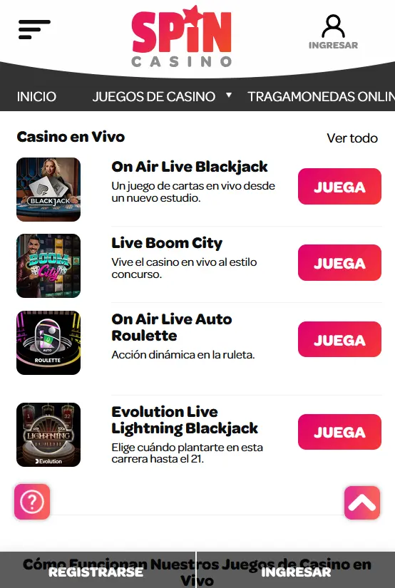 Juegos de casino en la aplicación Spin Casino