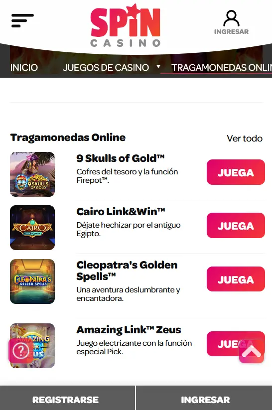 Juegos de casino en la aplicación Spin Casino