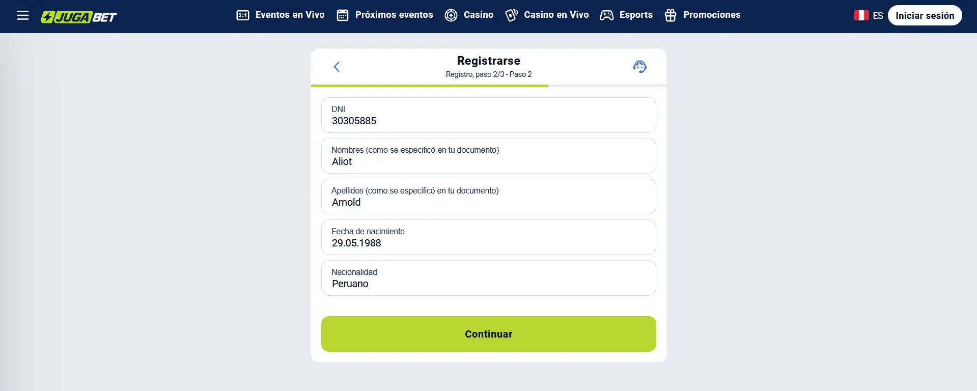 Registrarse en Jugabet - Paso 2 - Datos personales Registrarse en Jugabet - Paso 2 - Datos personales