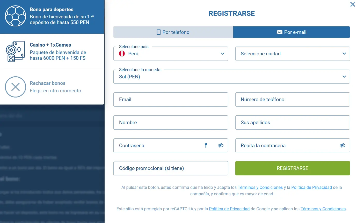 Registro por correo electrónico - 1xBet