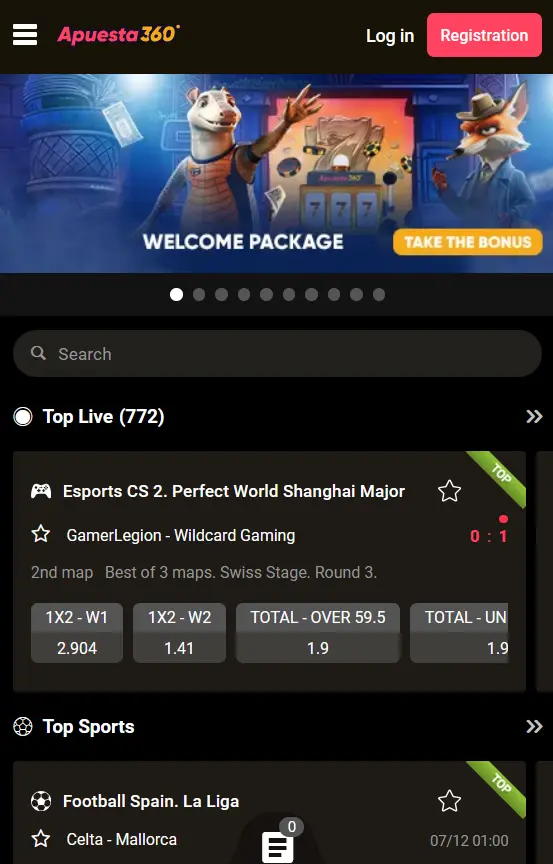 Apuestas deportivas en la app Apuesta360